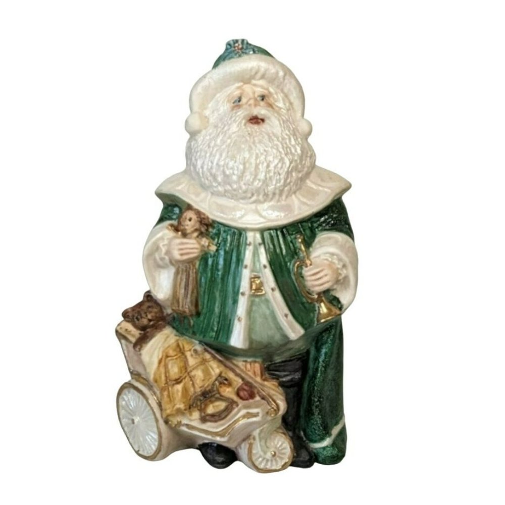 Vintage 1990s Santa Claus in Green Robe Holding Doll with Carriage, Ceramic